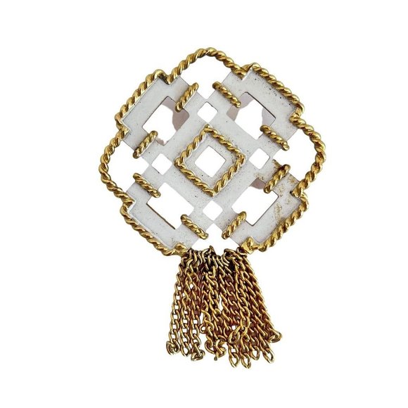 Vintage Signed Avon Brooch Geometric Design White Enamel Goldtone Metal Tassels - Picture 1 of 6
